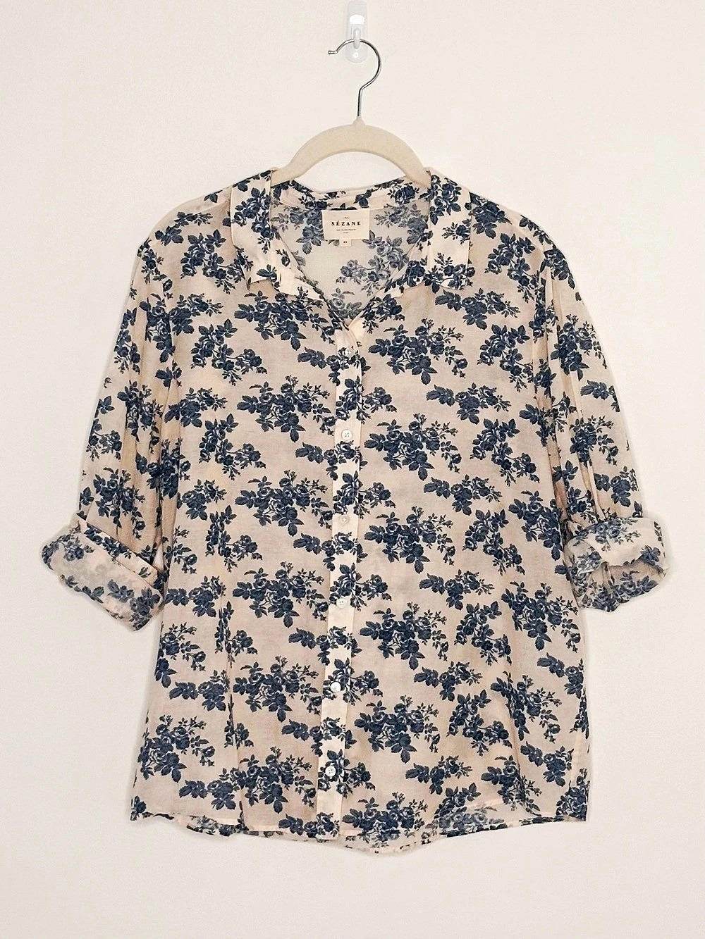 Sézane Pierro Shirt Floral Button Down in Cream & Blue Size 40 (US 8)